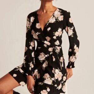 Abercrombie & Fitch Black Floral Long Sleeve Viscose Wrap Dress S